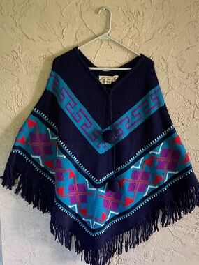 Vintage 1970s Blue Acrylic Poncho Aztec  Patterned Fringed